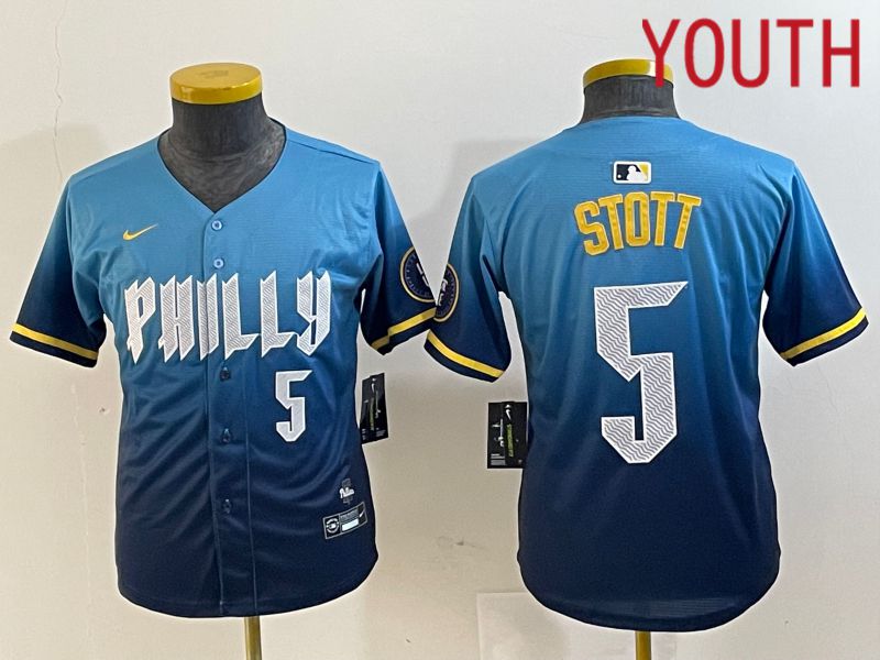 Youth Philadelphia Phillies #5 Stott Blue City Edition Nike 2024 MLB Jersey style 4->youth mlb jersey->Youth Jersey
